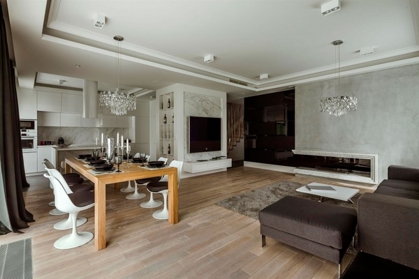  open plan living dining kitchen area stylish interior design in brown shades