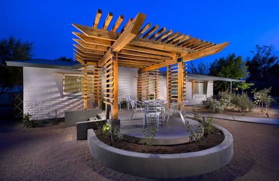 modern patio garden wooden round flowerbeds