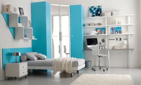 modern teen bedroom interior white blue furniture