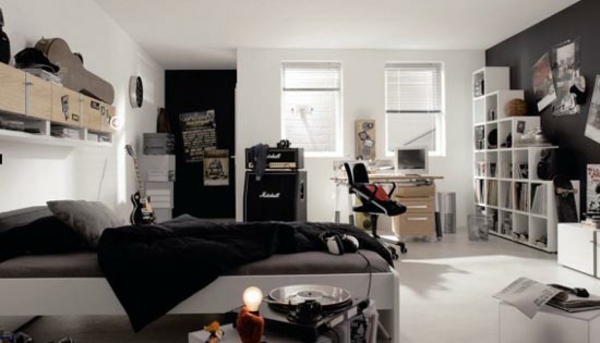 modern teen room interior white furniture dark accent walls