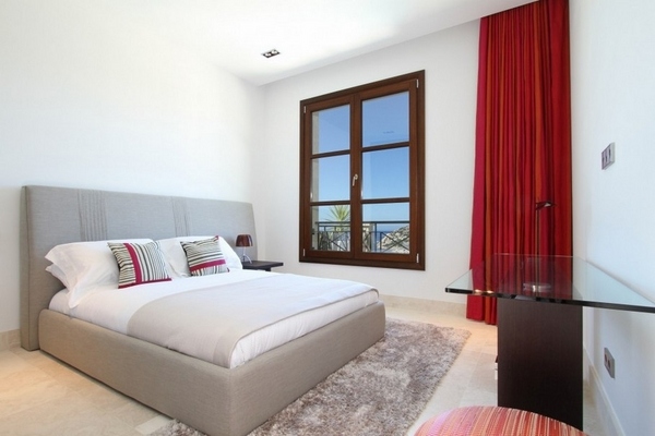 modern villa interior luxury bedroom design ideas light colors red curtain