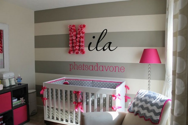 nursery room design decorating ideas gray stripes purple accents