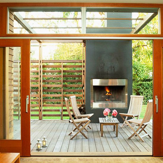 outdoor fireplace wooden deck patio blinds 