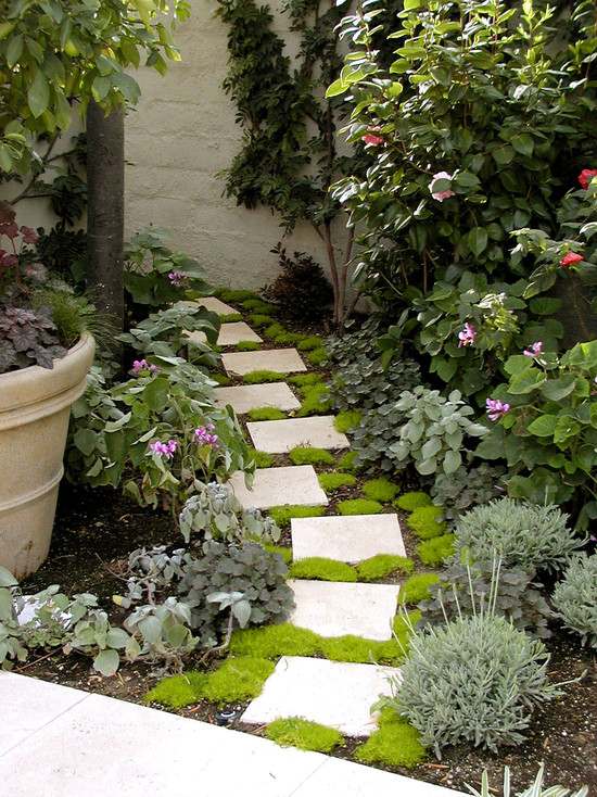 playful design garden path stepping stones potted plants