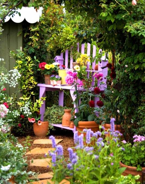 purple garden bench flower pots DIY home exterior decoration