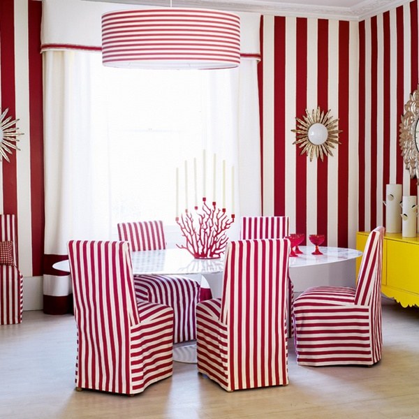 red white vertical stripes on the wall dining area white dining table