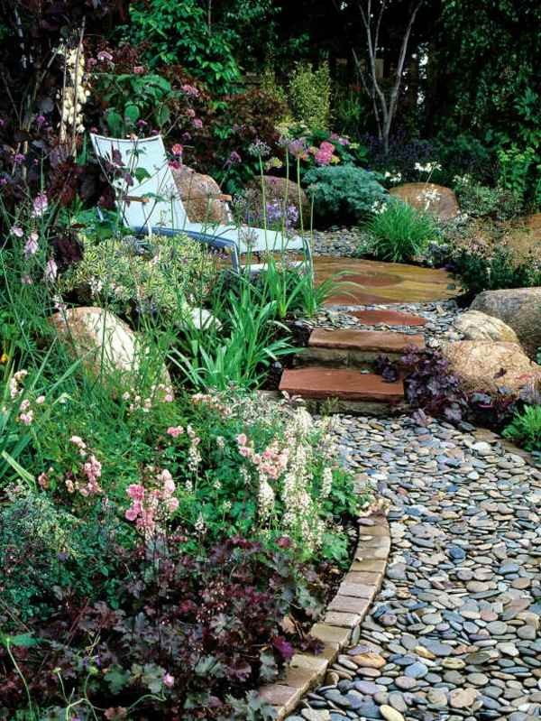 river stones decorating ideas garden design flower bed lounge chair