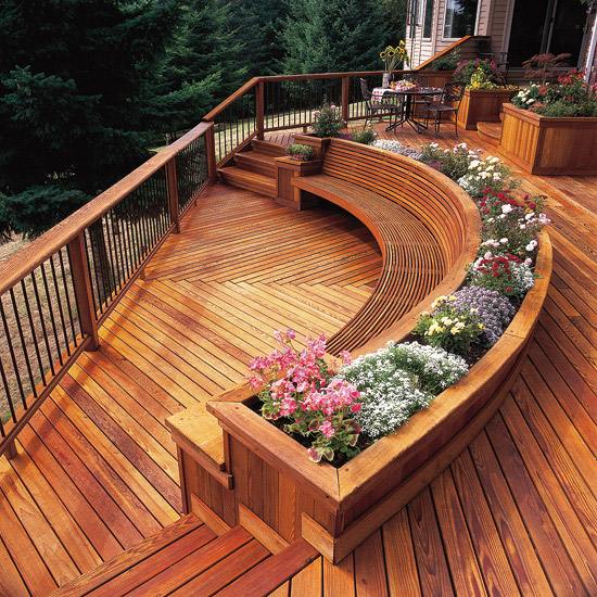 round bench wood terrace two steps plant container