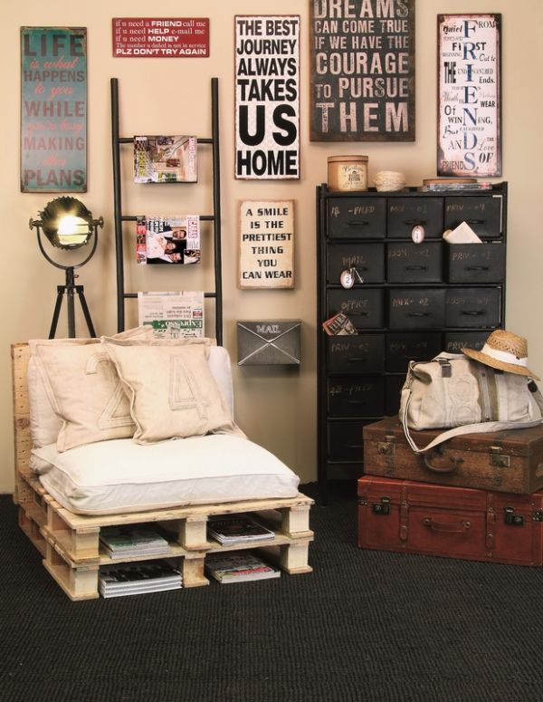 selfmade pallet furniture chair magazine racks travel theme