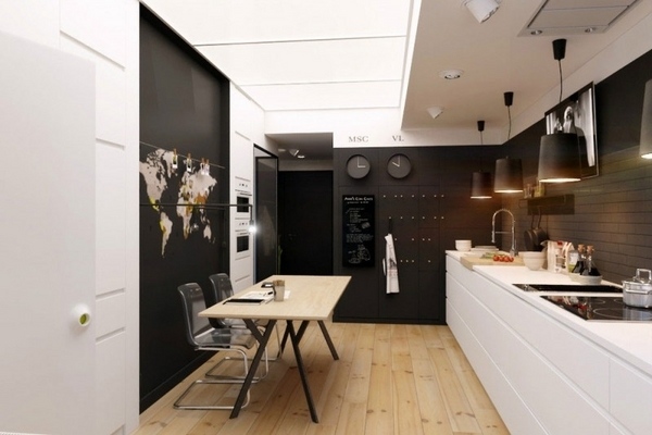 small apartment black white kitchen