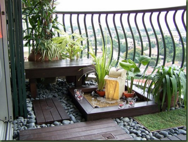  balcony garden wood river stones