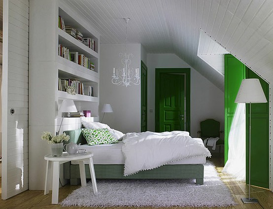 white attic sloping grass green accents chandelier