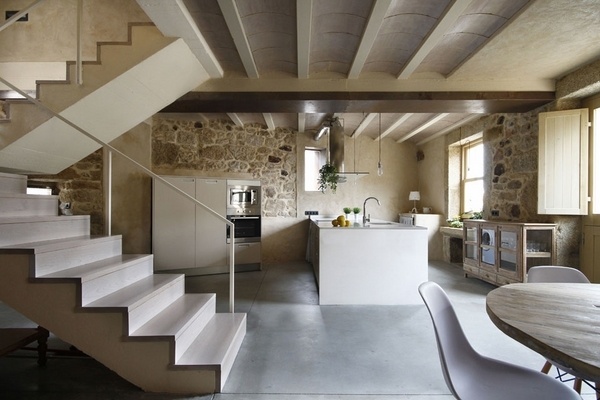 white island stone wall concrete floor kitchen renovation design ideas
