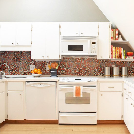 white cabinets mosaic backsplash