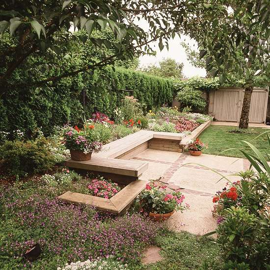 wooden bench in garden combination concrete brick