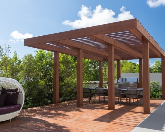 wooden pergola design outdoor kitchen grill area dining table