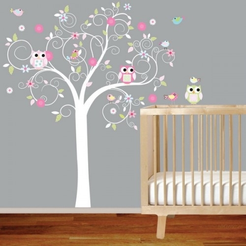 Baby room crib gray wall Tree Wall Decal Owl