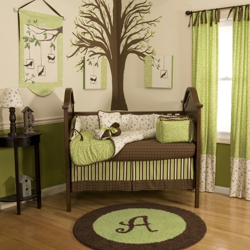 Brown Lime Green nursery Decoration curtains tree painting 
