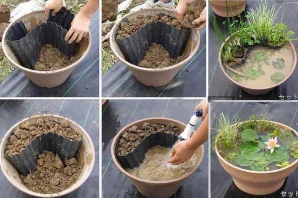 DIY mini garden pond from flowerpot instructions