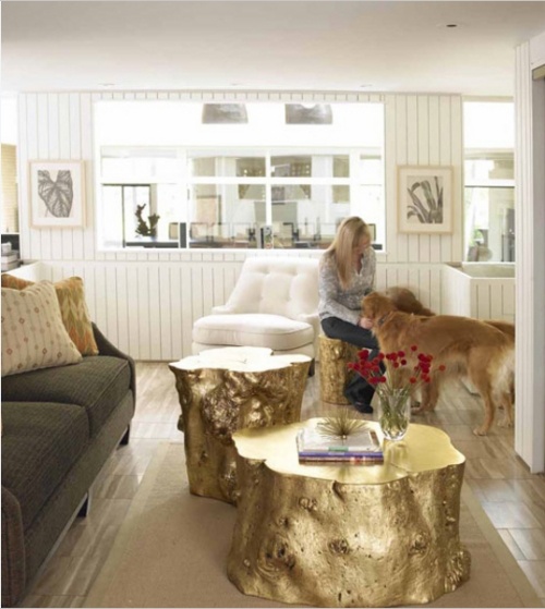 Decorating ideas with tree trunks golden coffee table