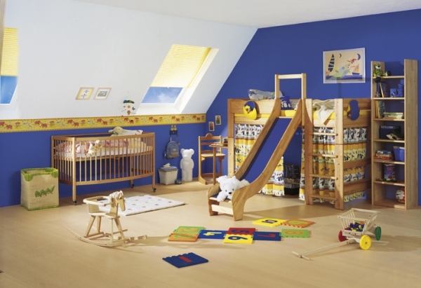 Kids-room-bunk-beds-bed-slide-blue-white-slanted-roof