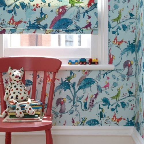 Murals bird pattern Nursery blue red chair