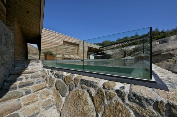 Pool privacy fence Stone Wall modern house facade