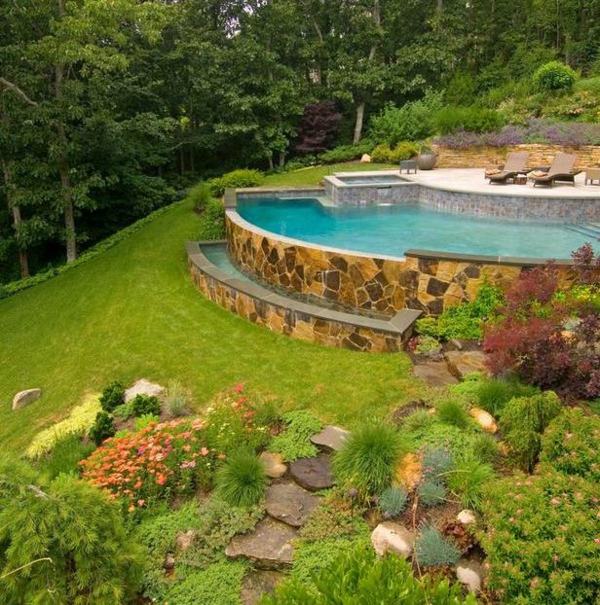 Pool stone wall garden slope