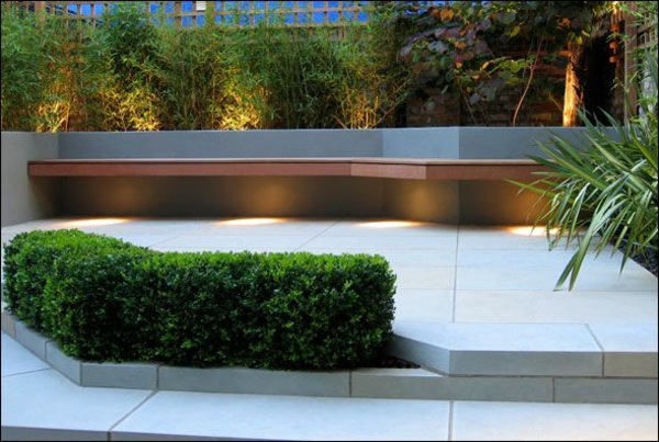 Rooftop garden bench recessed lighting bamboo