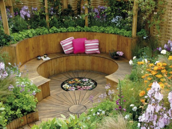 Round patio wooden wall bench patio design