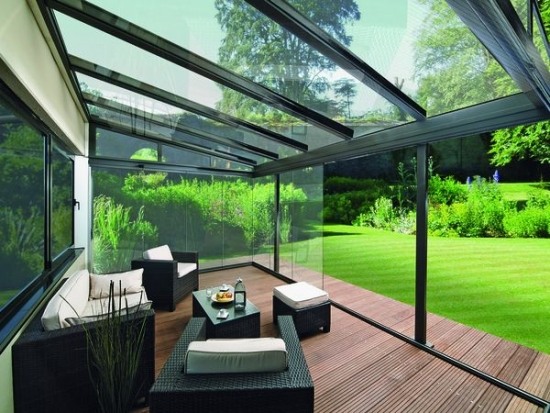 Sloping glass roof roof for the patio rattan garden furniture