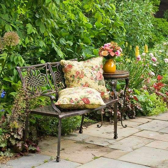 Wrought iron patio bench garden design ideas