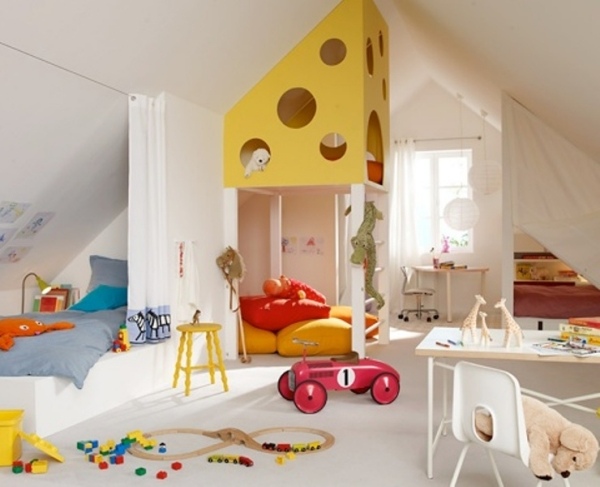 attic-kids-room-furniture-ideas-cheese-playground-climbing-ladder-bed-curtain