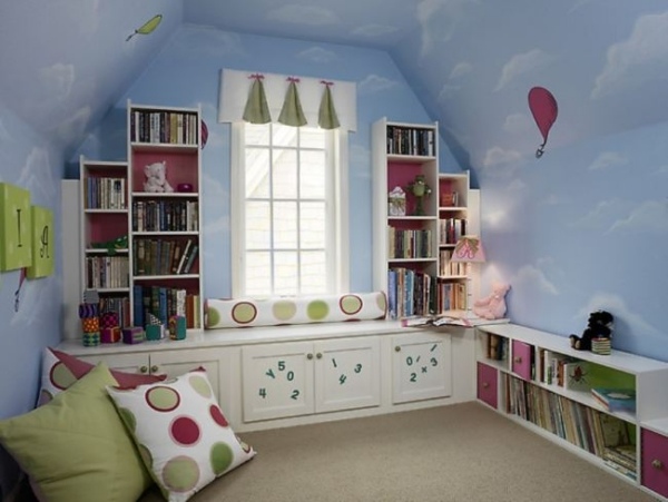 attic wall decoration clouds window bench shelves