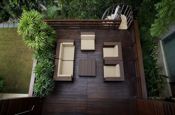 balcony wooden flooring railing rattan outdoor furniture