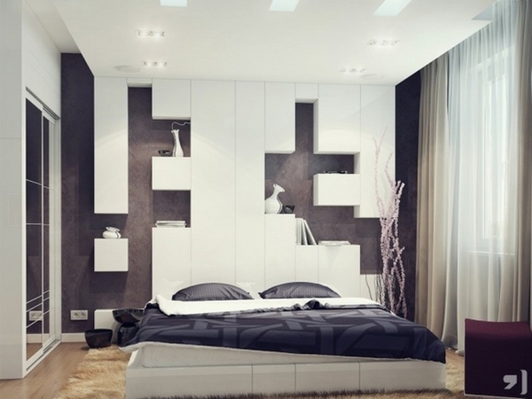 bedroom design modern black white shelves