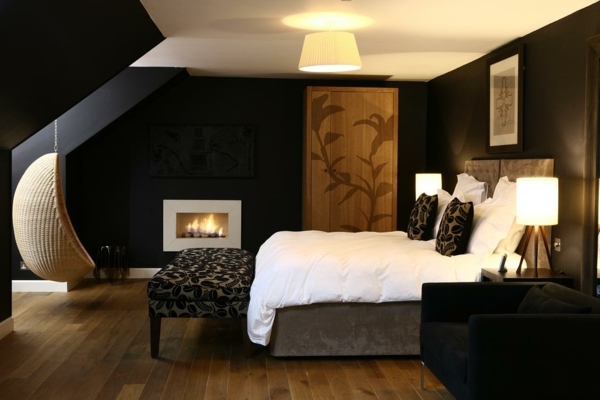 black white bedroom fireplace