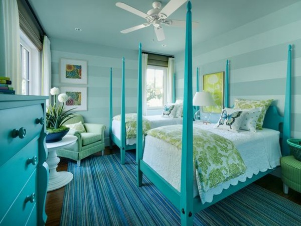 blue bed and turquoise color decoration ideas stripes