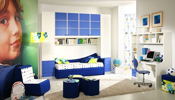 blue boys bedroom design wall shelving system