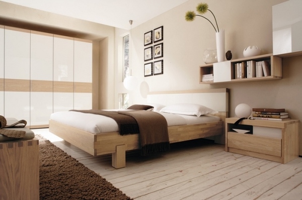 bedroom interior design beige wooden floor wall shelf