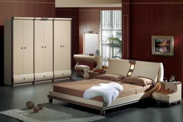 classic bedroom design beige wooden wall warm colors