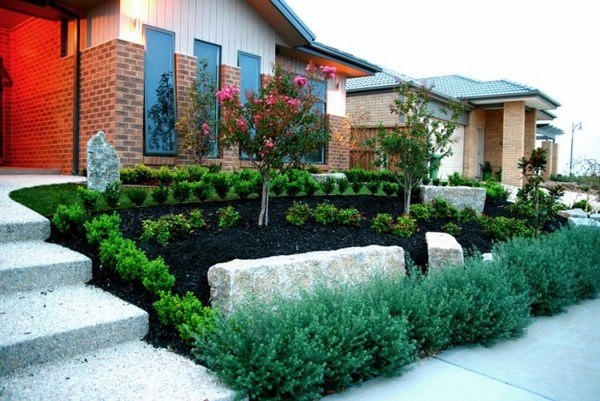 front yard design ideas shrubs large stones accents