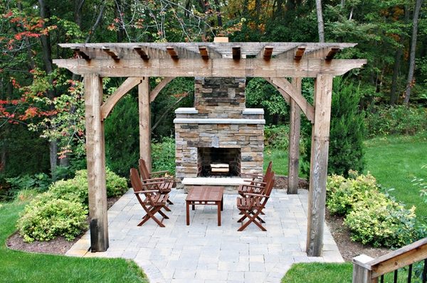 garden deck wood pergola build outdoor fireplace natural stone