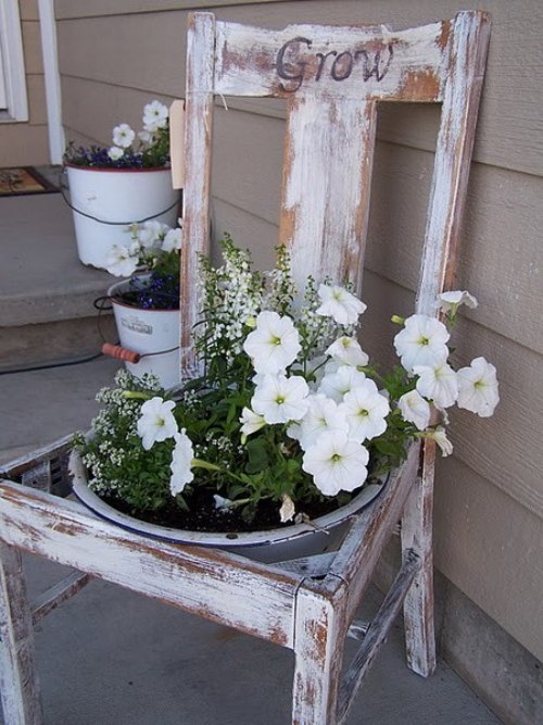 garden decoration chairs flower pots white