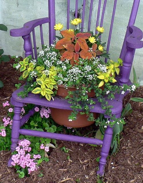 garden decoration chairs with flower pots purple 