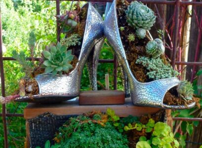 garden-decoration-ideas-old-things-silver-shoes-flower pots