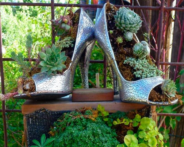 garden decoration ideas old things silver shoes flower pots