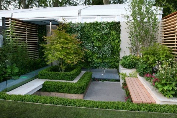 garden-design-ideas-vertical-greening-boxwood-hedges-bench