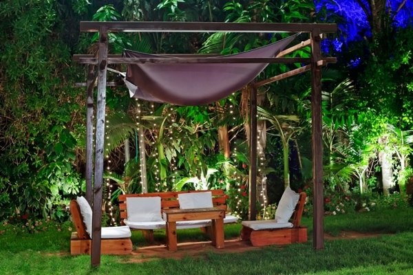 garden pergola wooden furniture outdoor lighting