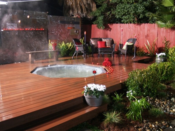 hot tub wooden deck patio ideas